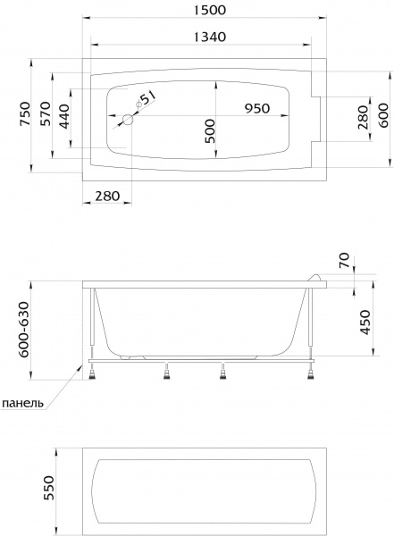 Ванна акриловая 1Marka AELITA 01ае1575 150x75 см. 